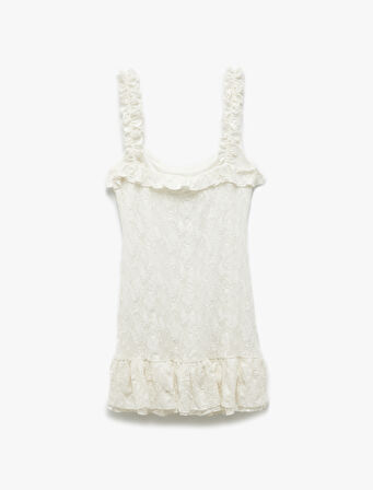 Slim Fit Astarlı Fırfırlı Askılı Dantel Mini Elbise