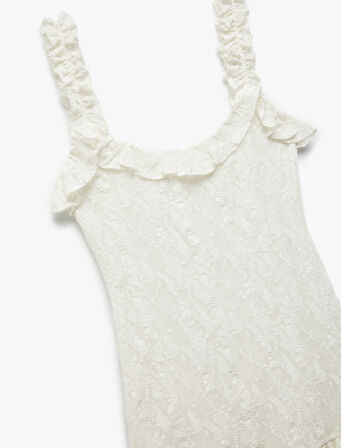 Slim Fit Astarlı Fırfırlı Askılı Dantel Mini Elbise