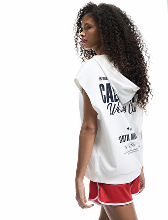 Pamuklu Kolsuz Kapüşonlu Arkası Baskılı Kanguru Cepli Fermuarlı Bluz