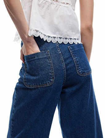 Yüksek Bel Rahat Kalıp Cepli Kısa Denim Pantolon  -  Culotte Jeans