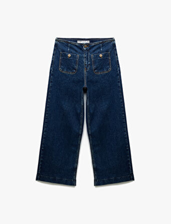 Yüksek Bel Rahat Kalıp Cepli Kısa Denim Pantolon  -  Culotte Jeans