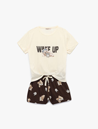 Pamuklu Kısa Kollu Ayıcık Baskılı Şortlu Pijama Takımı