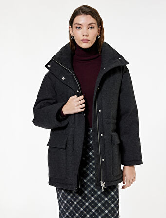 Koyun Yünü Karışımlı Cepli Dik Yaka Uzun Kollu Oversize Kaşe Mont