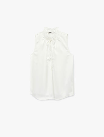 Bağlama Detaylı Dik Fırfırlı Yaka Kolsuz Gömlek