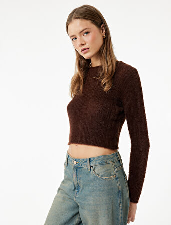 Uzun Kollu Bisiklet Yaka Crop Triko Kazak