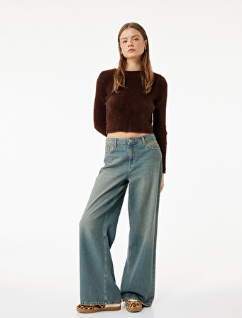 Uzun Kollu Bisiklet Yaka Crop Triko Kazak