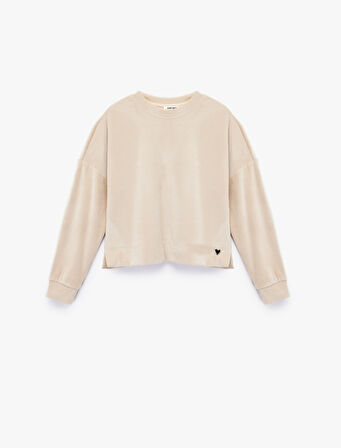 Uzun Kollu Bisiklet Yaka Kalp Detaylı Fitilli Sweatshirt