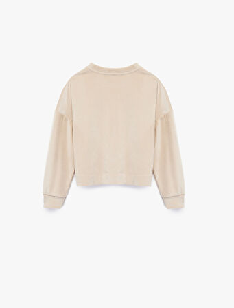 Uzun Kollu Bisiklet Yaka Kalp Detaylı Fitilli Sweatshirt