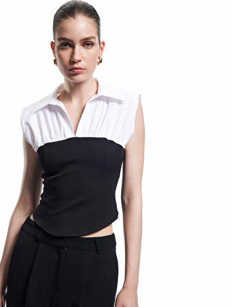 Pamuklu Renk Kontrastlı Gömlek Yaka Poplin Kolsuz Bluz