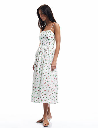 Pamuklu A Kesim Çilek Baskılı Çiçekli Uzun Askılı Poplin Elbise