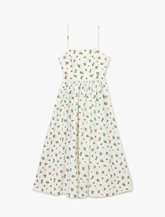 Pamuklu A Kesim Çilek Baskılı Çiçekli Uzun Askılı Poplin Elbise