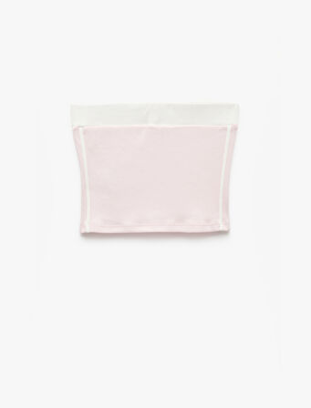Straplez Yaka Şerit Detaylı Kolsuz Baskılı Crop Bluz