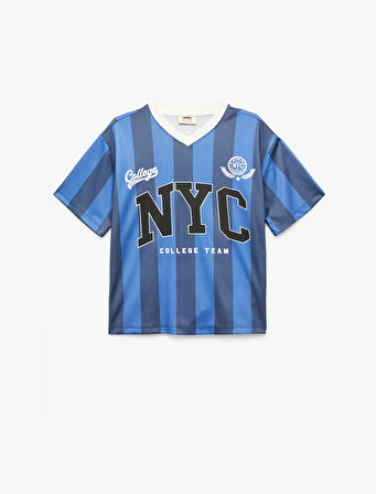 V Yaka Kısa Kollu Baskılı Forma Tişört