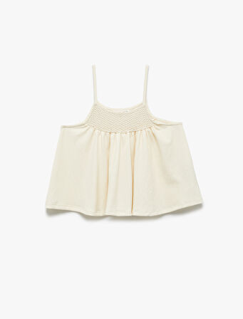 Kare Yaka Gipe Detaylı Askılı Crop Bluz