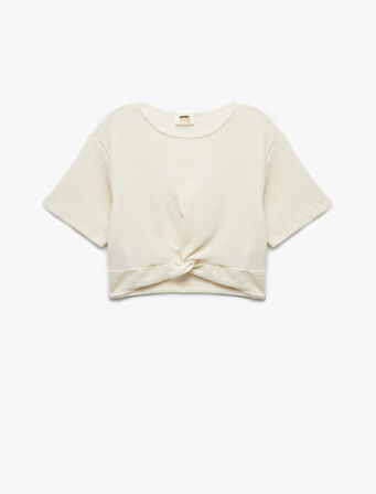 Bisiklet Yaka Kısa Kollu Bağlama Detaylı Crop Bluz
