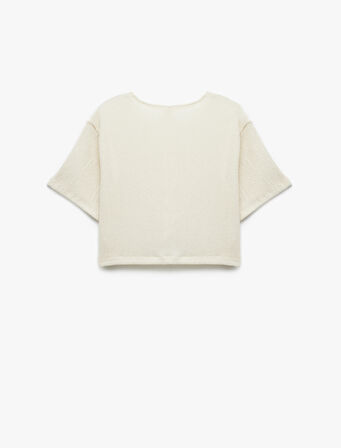 Bisiklet Yaka Kısa Kollu Bağlama Detaylı Crop Bluz