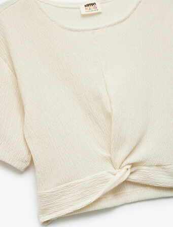 Bisiklet Yaka Kısa Kollu Bağlama Detaylı Crop Bluz