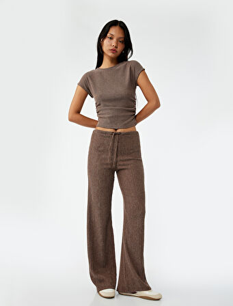 Yüksek Bel Rahat Kalıp Bürümcük Viskon Karışımlı Beli Bağcıklı Geniş Paça Pantolon