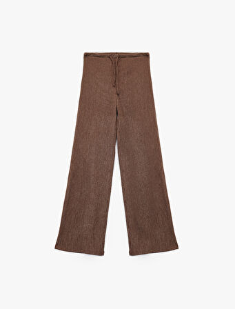 Yüksek Bel Rahat Kalıp Bürümcük Viskon Karışımlı Beli Bağcıklı Geniş Paça Pantolon