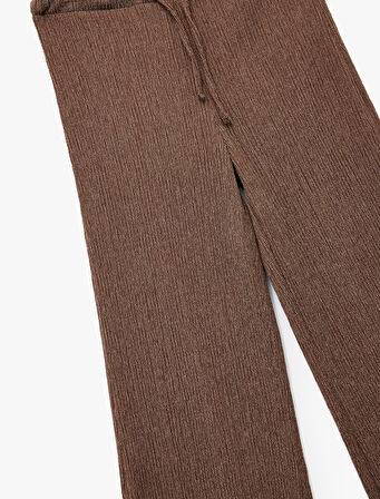 Yüksek Bel Rahat Kalıp Bürümcük Viskon Karışımlı Beli Bağcıklı Geniş Paça Pantolon
