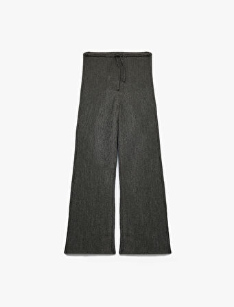 Yüksek Bel Rahat Kalıp Bürümcük Viskon Karışımlı Beli Bağcıklı Geniş Paça Pantolon