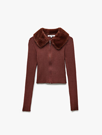 Viskon Karışımlı Suni Kürk Yakalı Uzun Kollu Fermuarlı Triko Hırka