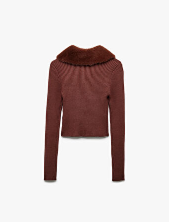 Viskon Karışımlı Suni Kürk Yakalı Uzun Kollu Fermuarlı Triko Hırka