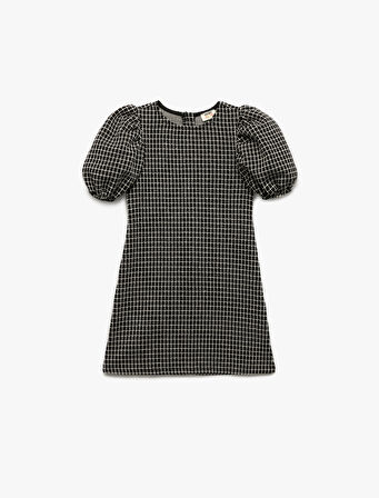 Kısa Kollu Bisiklet Yaka Balon Kollu Sim Detaylı Tüvit Elbise