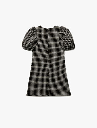 Kısa Kollu Bisiklet Yaka Balon Kollu Sim Detaylı Tüvit Elbise