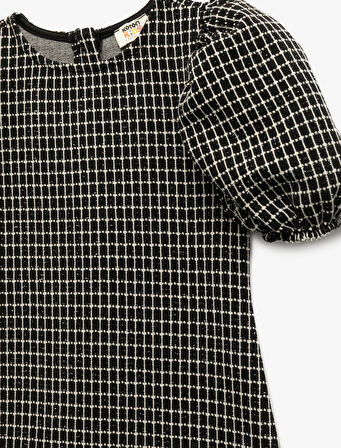 Kısa Kollu Bisiklet Yaka Balon Kollu Sim Detaylı Tüvit Elbise