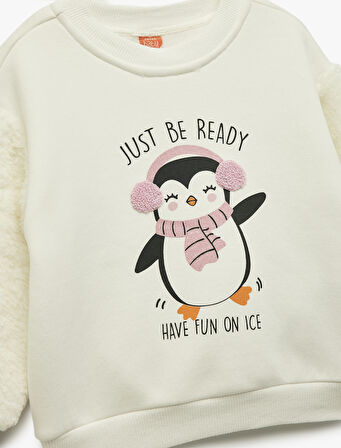 Penguen Baskılı Uzun Kollu Bisiklet Yaka Pamuklu Sweatshirt