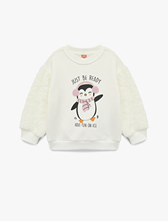 Penguen Baskılı Uzun Kollu Bisiklet Yaka Pamuklu Sweatshirt