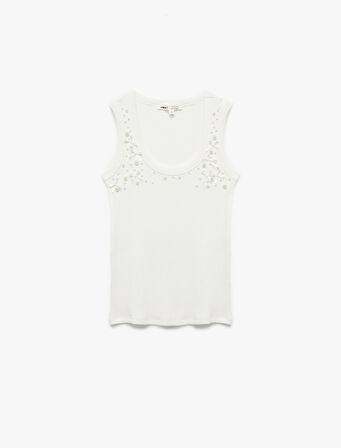 Pamuklu Slim Fit İnci İşleme Detaylı Fiyonklu U Yaka Atlet