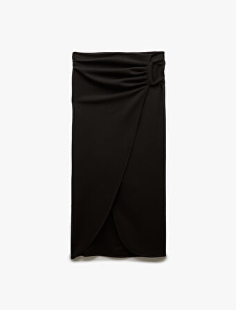 Krep Scuba Kumaş Drape Detaylı Midi Boy Kruvaze Etek