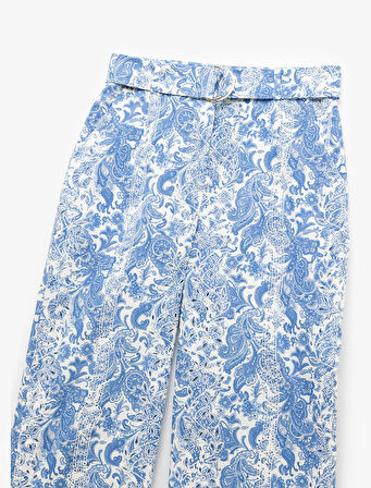 Pamuklu Astarlı Cepli Kemer Detaylı Fistolu Çiçekli Geniş Paça Pantolon