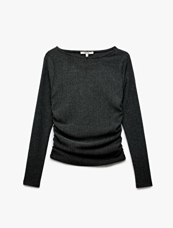 Bürümcük Kumaş Dokulu Drapeli Uzun Kollu Bisiklet Yaka Tişört