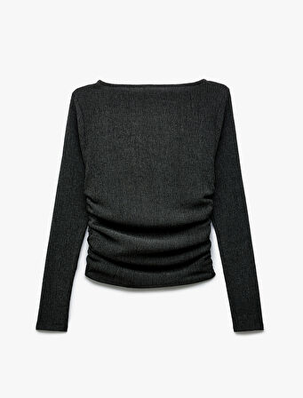 Bürümcük Kumaş Dokulu Drapeli Uzun Kollu Bisiklet Yaka Tişört