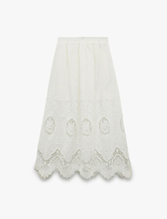 Pamuklu Astarlı Brode Detaylı Fistolu Midi Kloş Etek