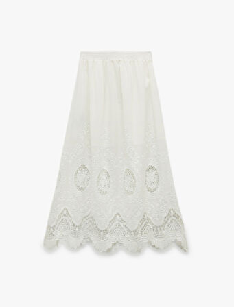 Pamuklu Astarlı Brode Detaylı Fistolu Midi Kloş Etek