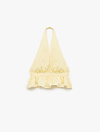 Sırt Detaylı Slim Fit Fırfırlı Kolsuz Viskon Karışımlı Halter Yaka Crop Bluz