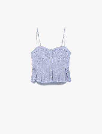 Kalp Yaka Düğmeli Kolsuz Çizgili Crop Bluz