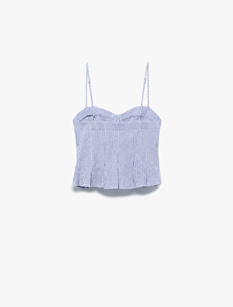 Kalp Yaka Düğmeli Kolsuz Çizgili Crop Bluz