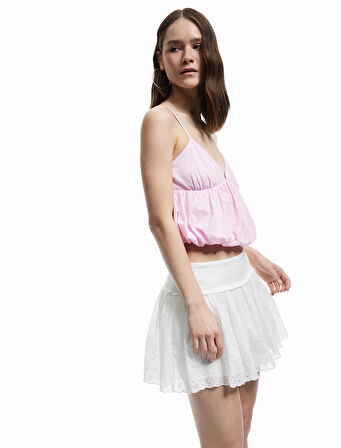 Brodeli Pamuklu Kalın Pileli Mini Etek