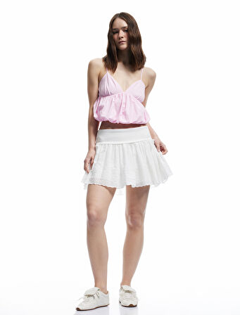 Brodeli Pamuklu Kalın Pileli Mini Etek