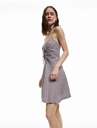 Bağlama Detaylı Askılı Pötikareli A Kesim V Yaka Mini Elbise