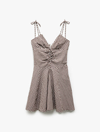 Bağlama Detaylı Askılı Pötikareli A Kesim V Yaka Mini Elbise