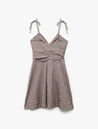 Bağlama Detaylı Askılı Pötikareli A Kesim V Yaka Mini Elbise