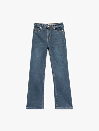 Yüksek Bel Dar Kalıp Düğmeli Cepli İspanyol Paça Crop Jean Pantolon - Flare Jeans