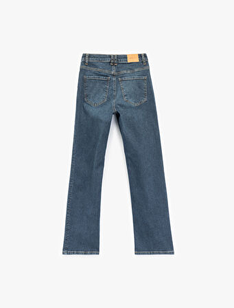 Yüksek Bel Dar Kalıp Düğmeli Cepli İspanyol Paça Crop Jean Pantolon - Flare Jeans