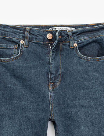 Yüksek Bel Dar Kalıp Düğmeli Cepli İspanyol Paça Crop Jean Pantolon - Flare Jeans